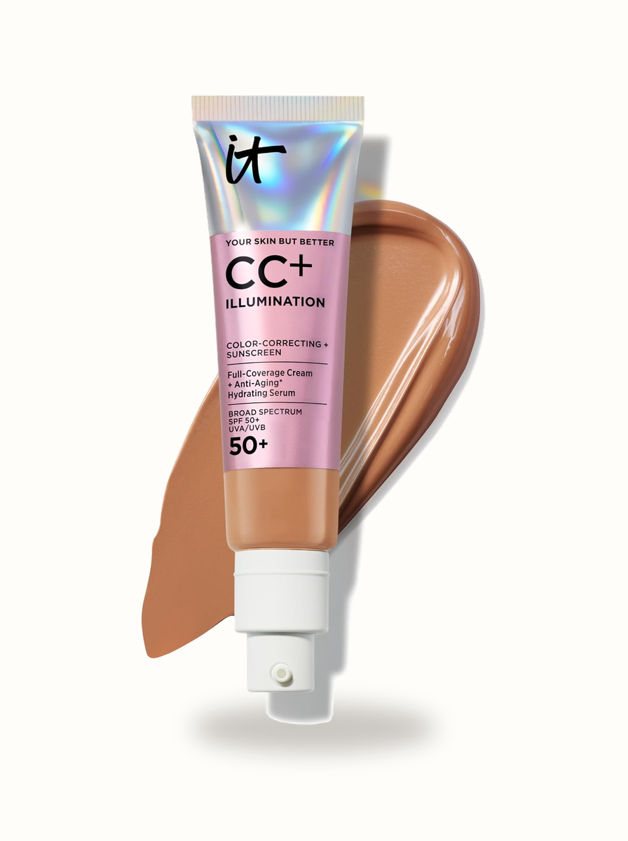 IT Cosmetics CC+ Cream tube with pump dispenser and cosmetic formula swatch on warm porcelain background