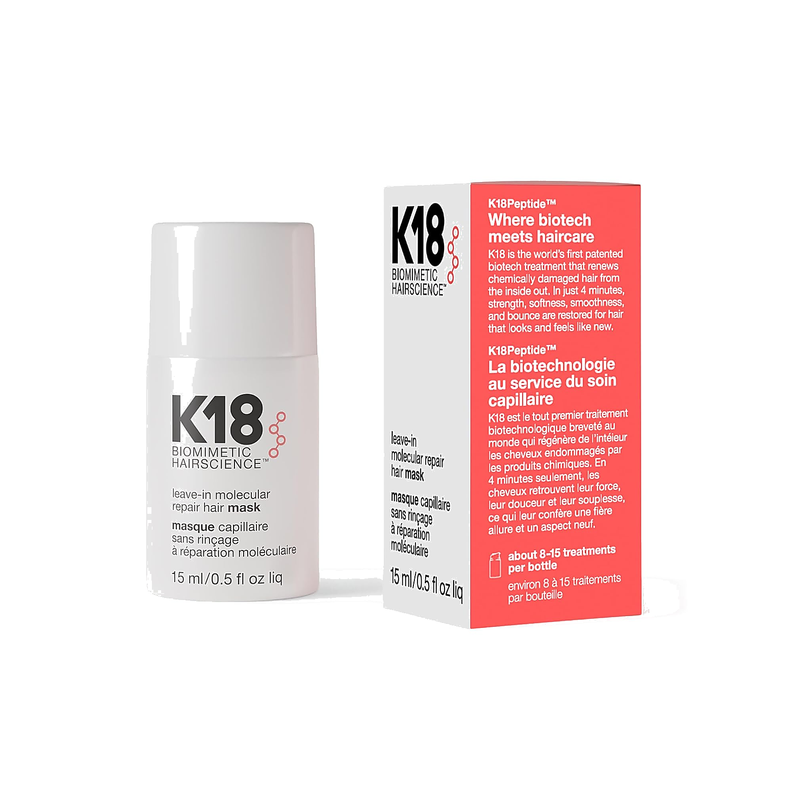 K18 Leave-In Molecular Repair Hair Mask pump bottle on warm porcelain background.