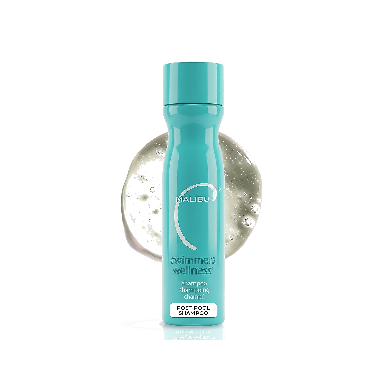 Malibu C Swimmers Wellness Clarifying Shampoo bottle on clean warm porcelain background.