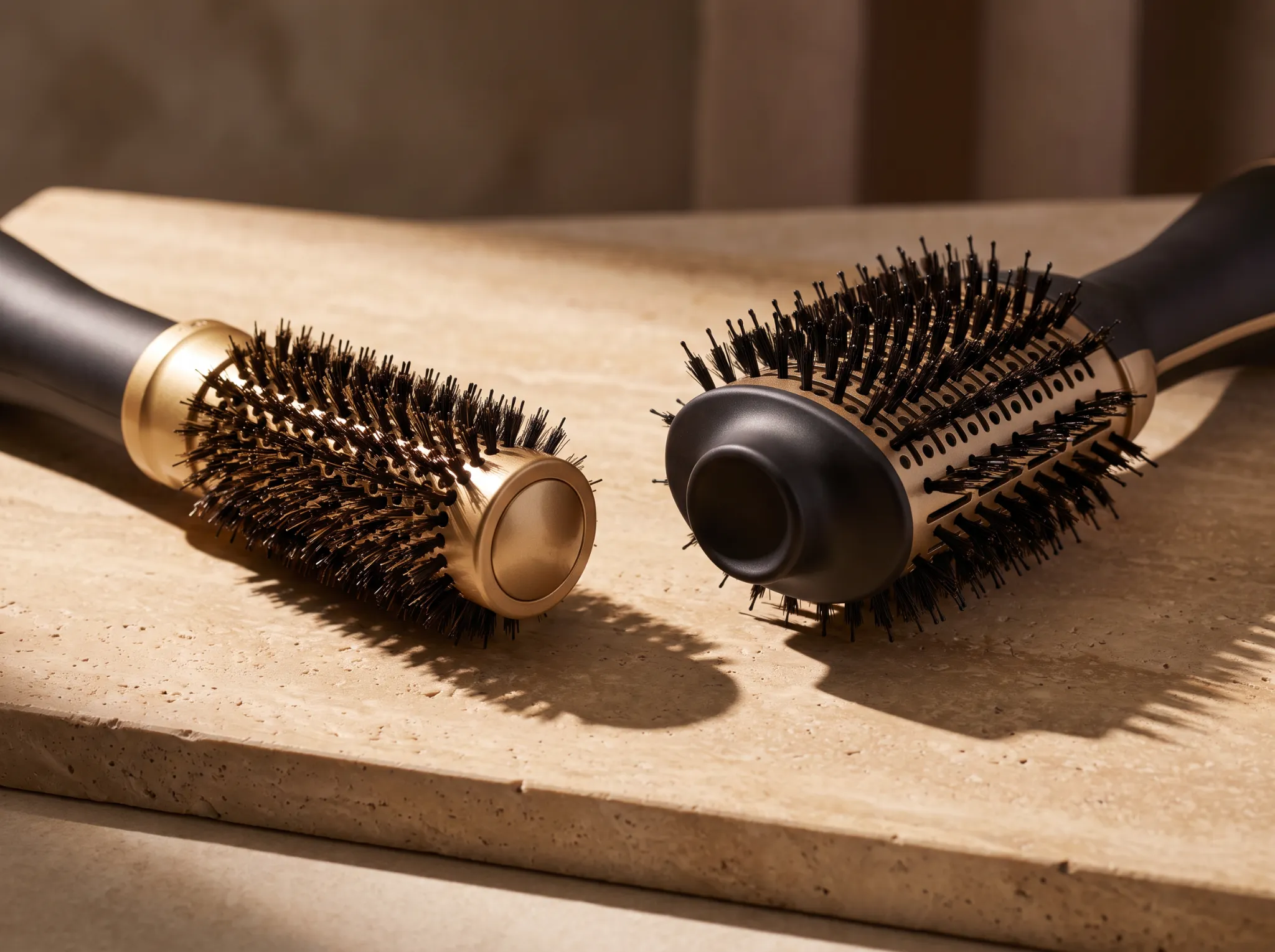 Side-by-side comparison of a round cylindrical ceramic styling brush barrel and a wide oval blowout brush on travertine stone