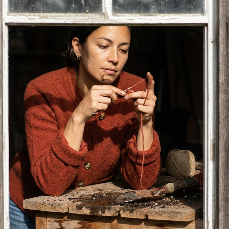 Avery pulling a single crochet stitch to even height at a garden potting bench