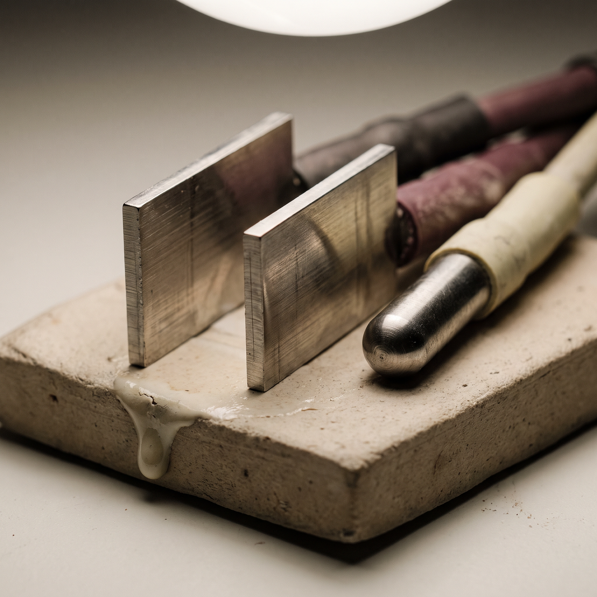 Two flat metal electrodes and one rounded ball tip stood on a ceramic tile
