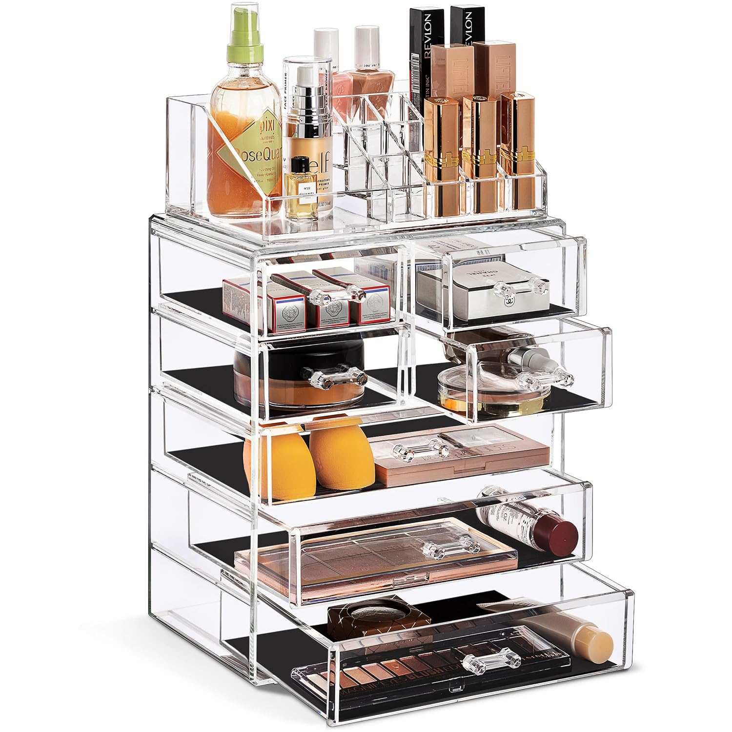 Sorbus clear acrylic makeup organizer with seven drawers and a divided top compartment on a plain white background