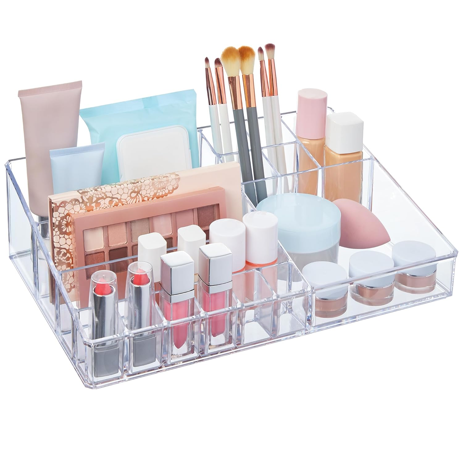 STORi Audrey clear acrylic vanity organizer with fifteen compartments on a plain white background