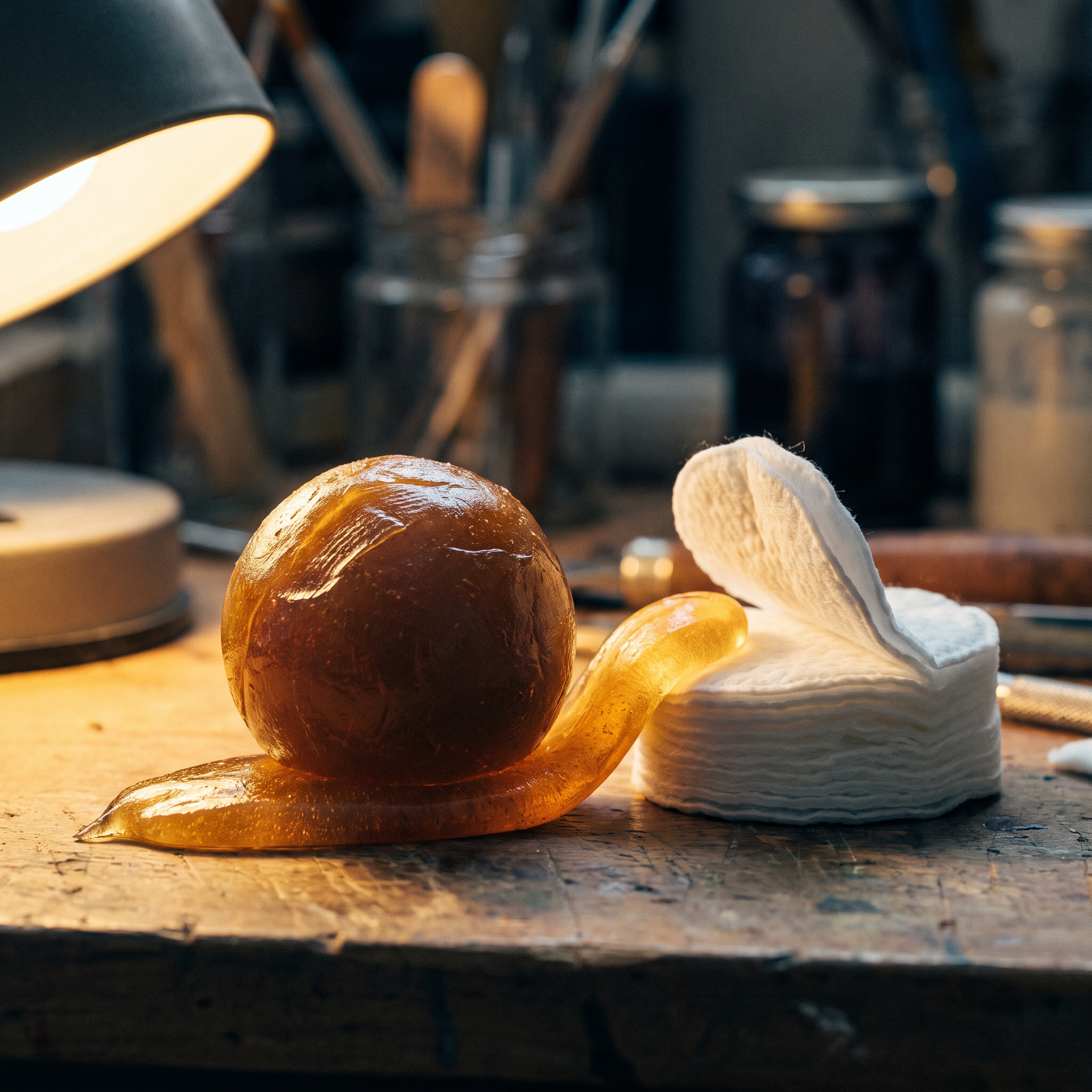 Macro close-up of pliable golden sugar wax paste stretching from a wooden spatula