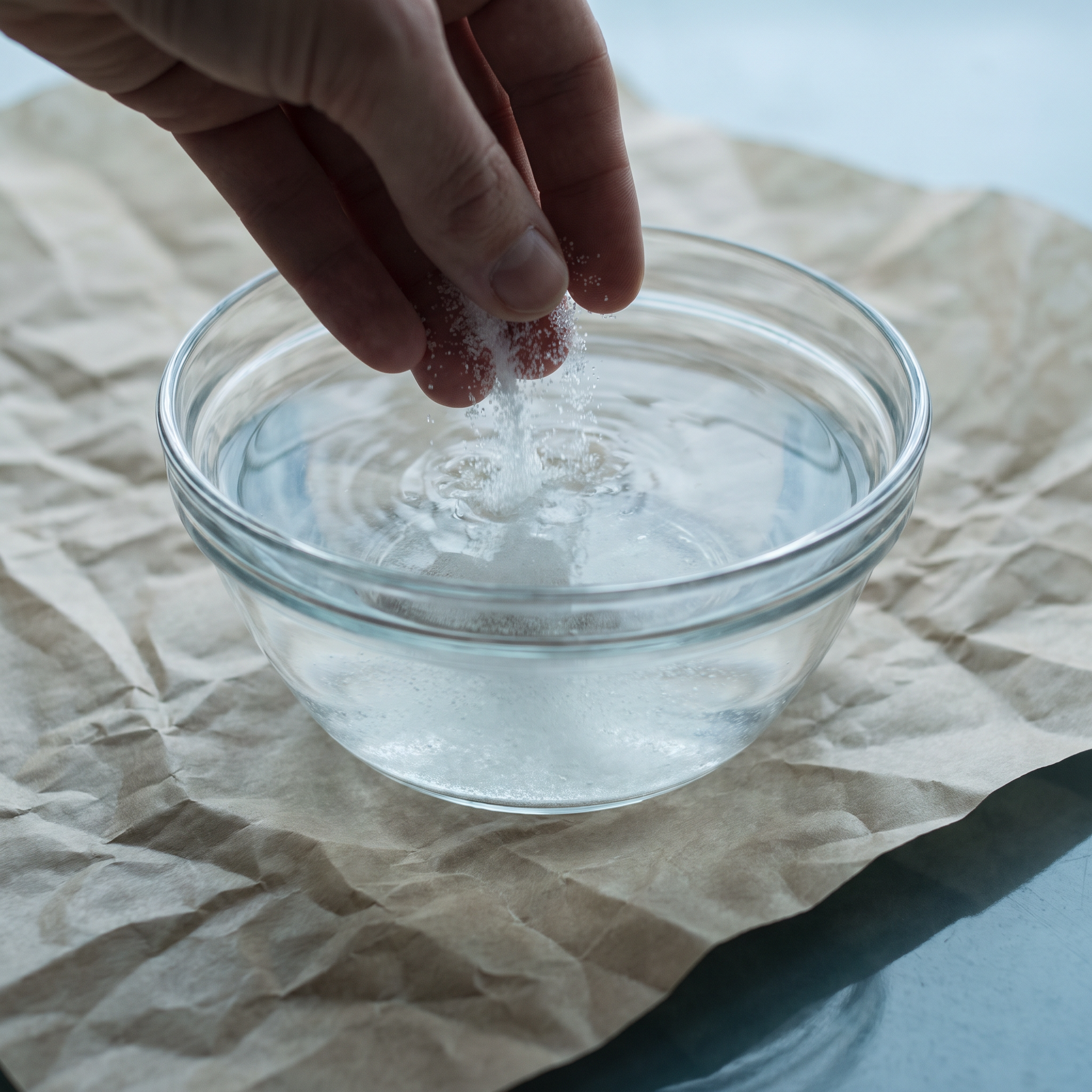 Water droplets dissolving golden sugar wax residue cleanly from a glass surface