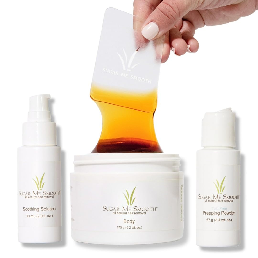 Sugar Me Smooth three-piece sugar wax kit with prep powder and paste on a plain white background
