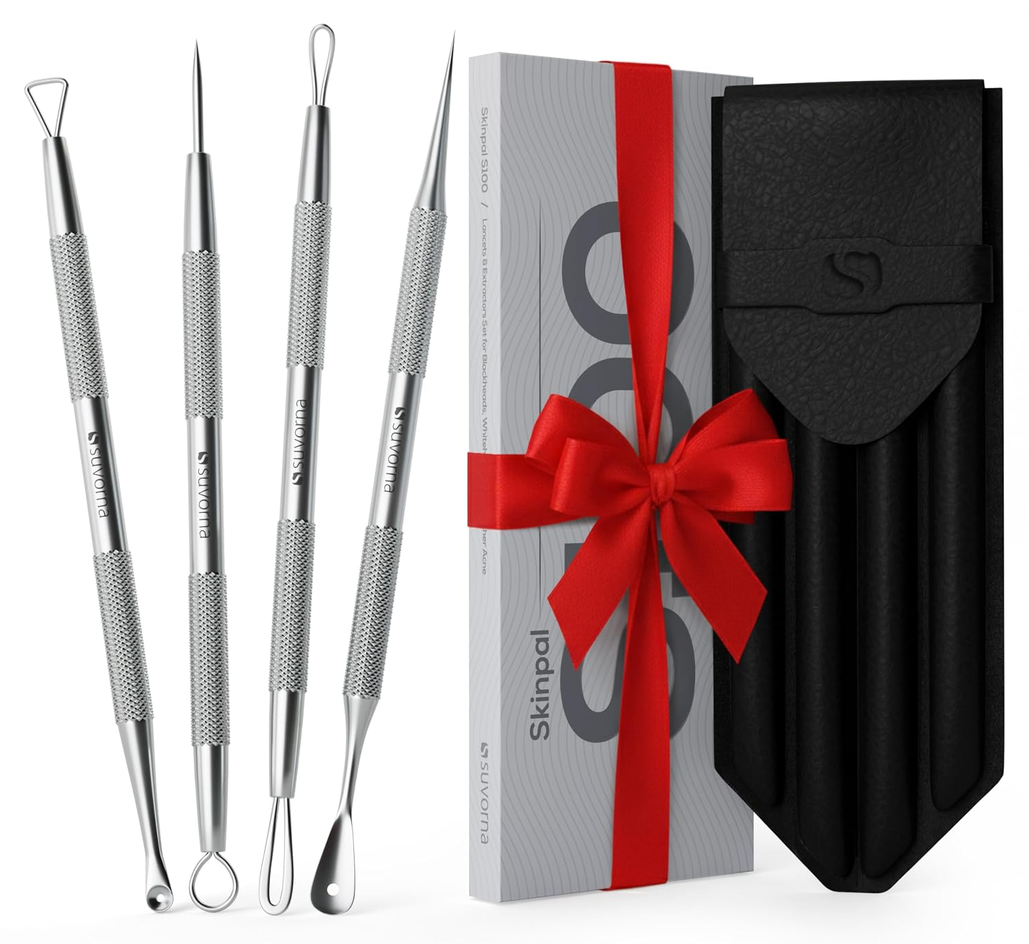 Suvorna four piece stainless steel extraction kit with lancets, loop extractor and flat head on a plain white background