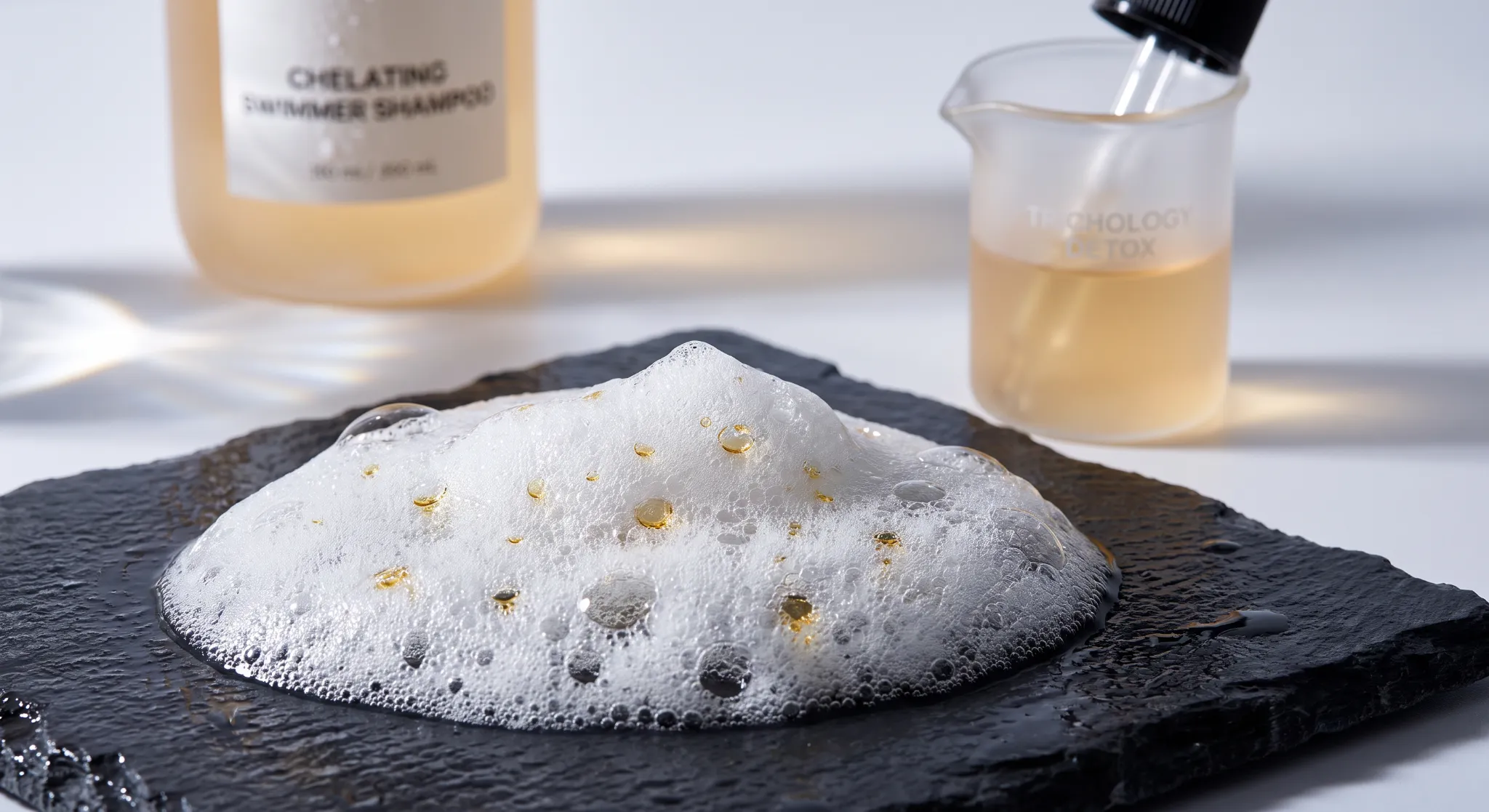 Extreme macro photograph of active chelating shampoo lather and micro-bubbles lifting mineral deposits.