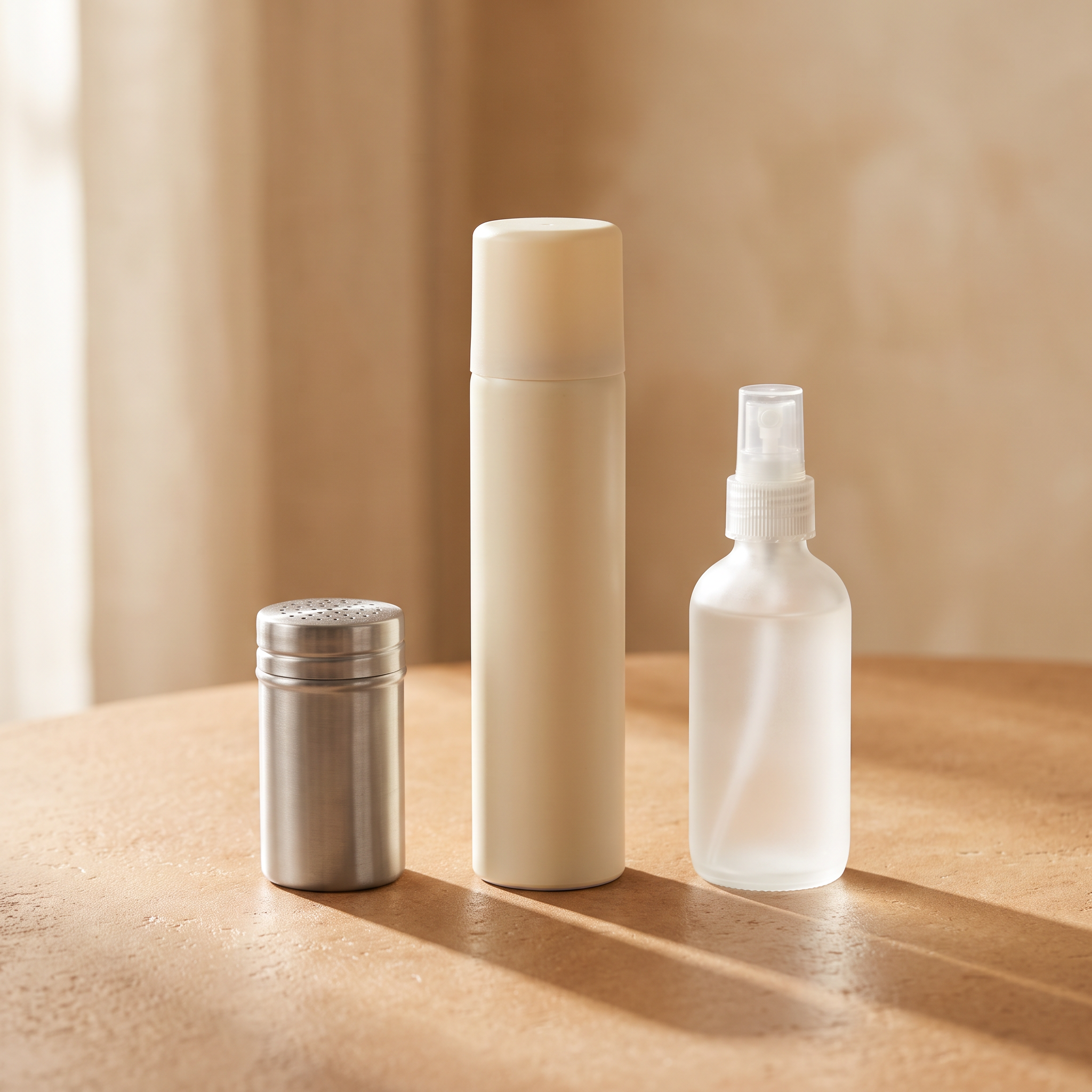 Still life of three unbranded hair styling vessels in a row: a matte metal powder shaker, a slim dry shampoo can and a glass hairspray bottle