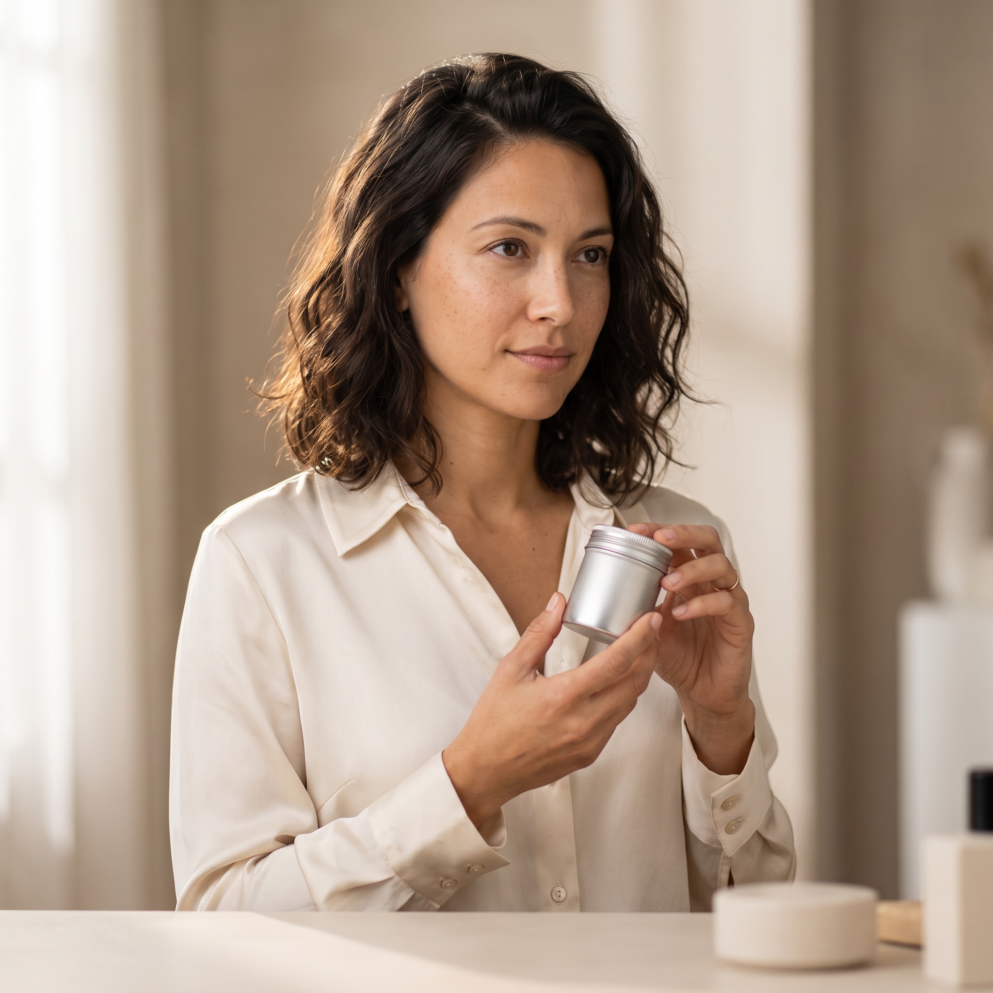 Avery holding a matte metal shaker tin of hair styling powder at a warm porcelain vanity, hair styled with visible root lift