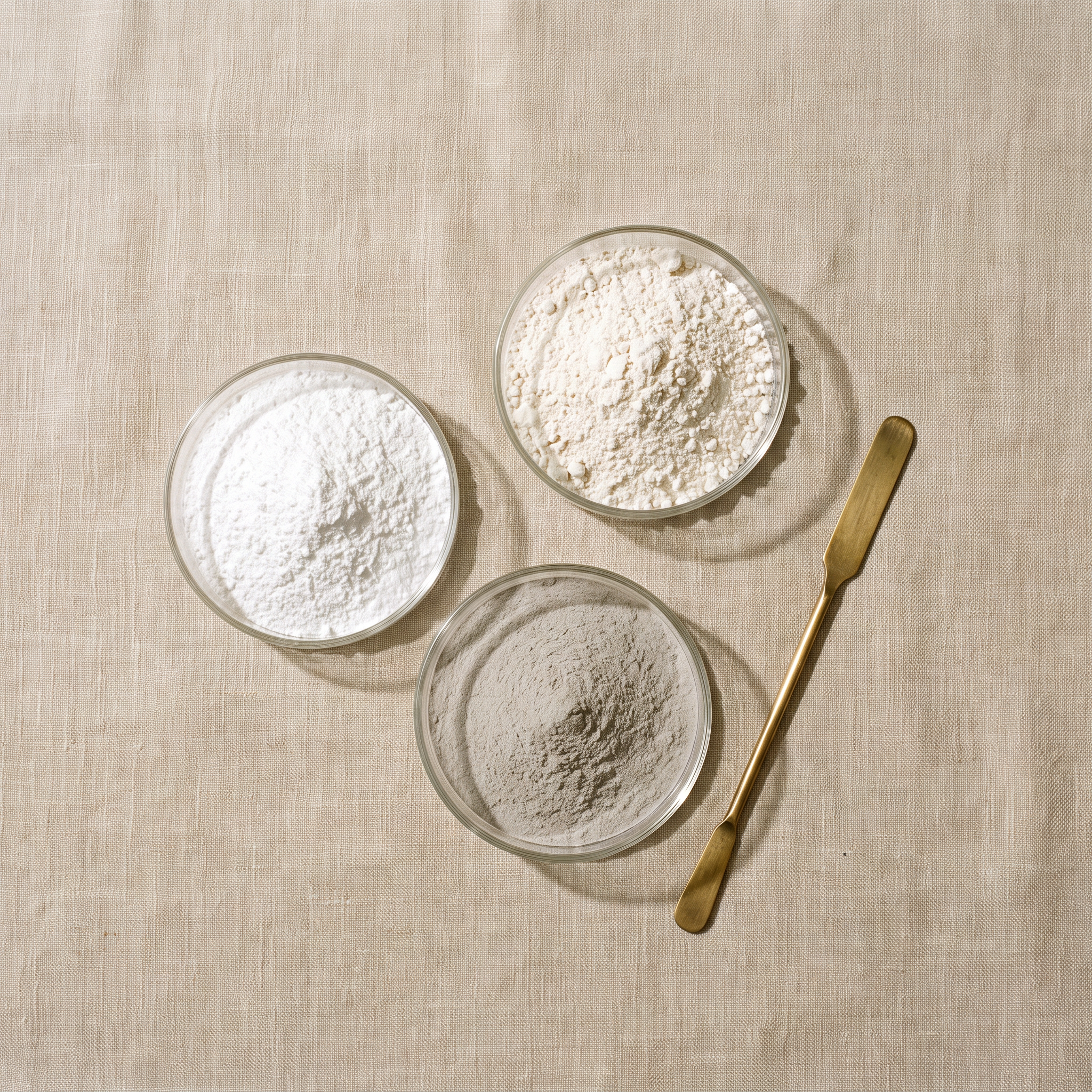 Overhead still life of three glass dishes holding fine white cosmetic powders in mineral white, starch white and soft clay grey, beside a thin brass spatula