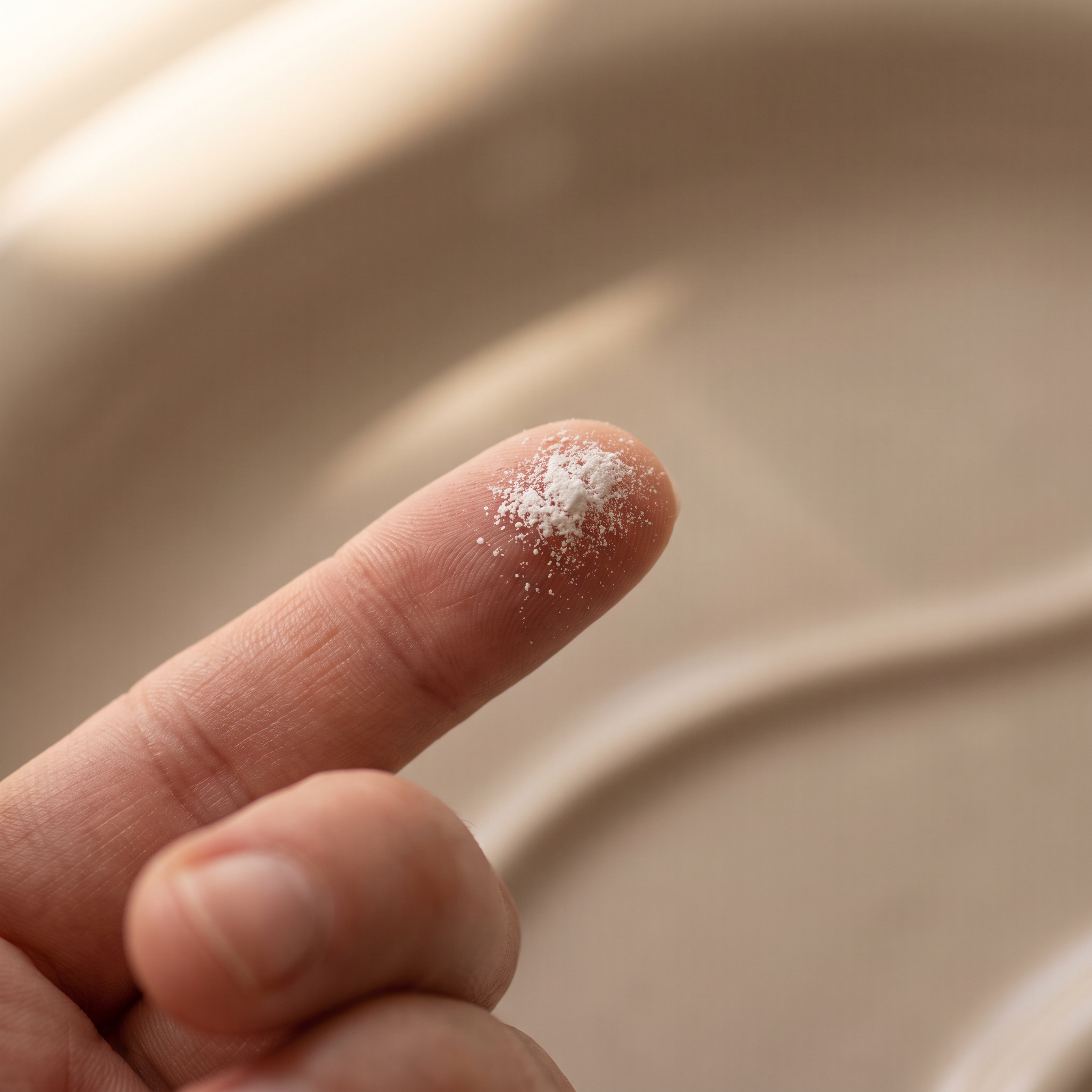 Macro of a single fingertip holding a small pinch of ultra-fine white styling powder against a warm porcelain background