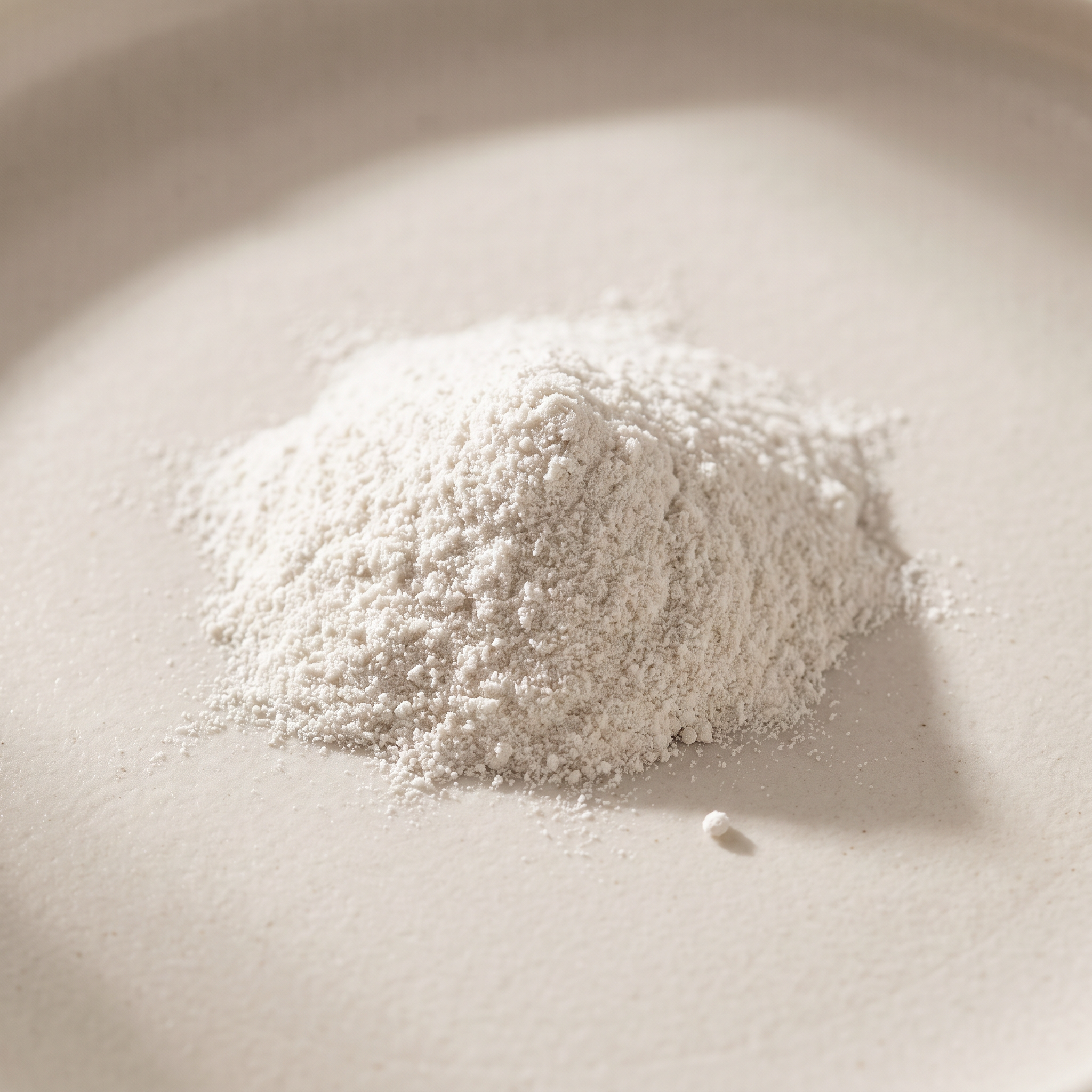Extreme macro of a small mound of ultra-fine white hair styling powder on a warm porcelain surface