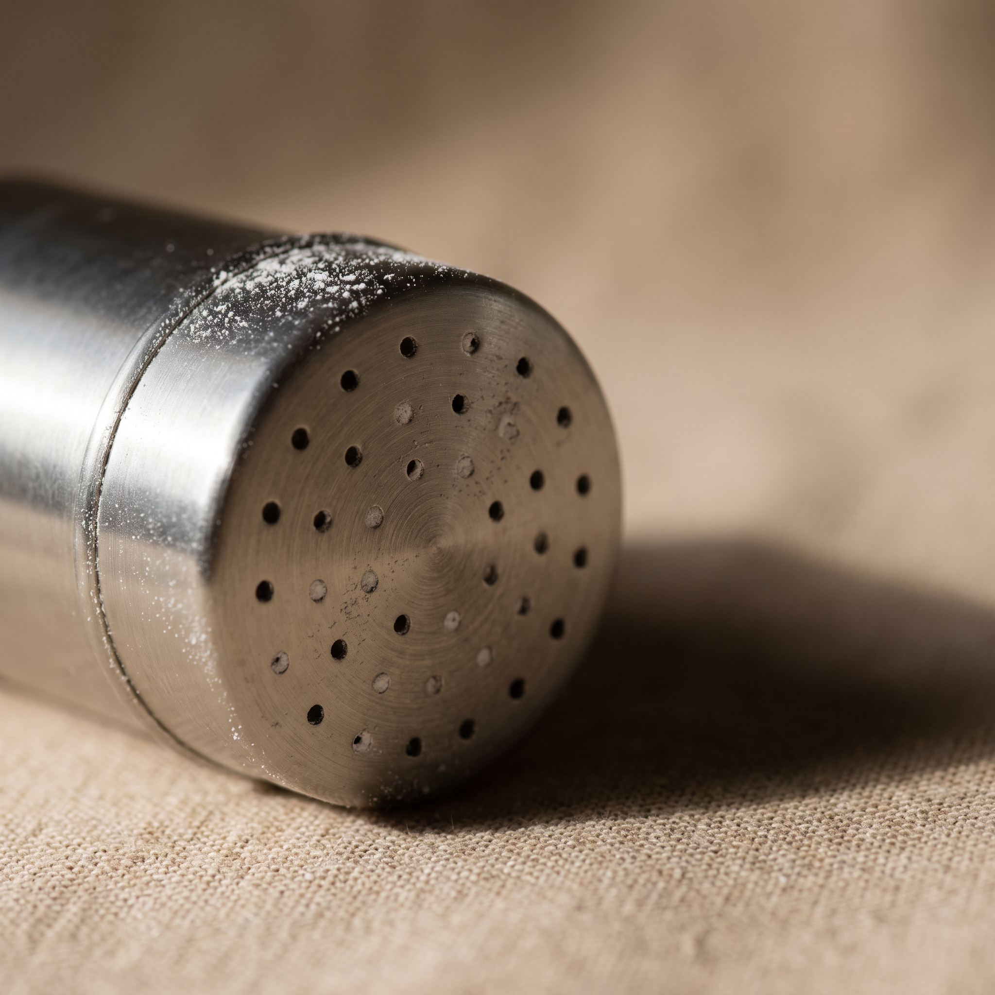 Macro of the perforated cap of a matte metal styling powder shaker, fine white powder settled around the holes and rim