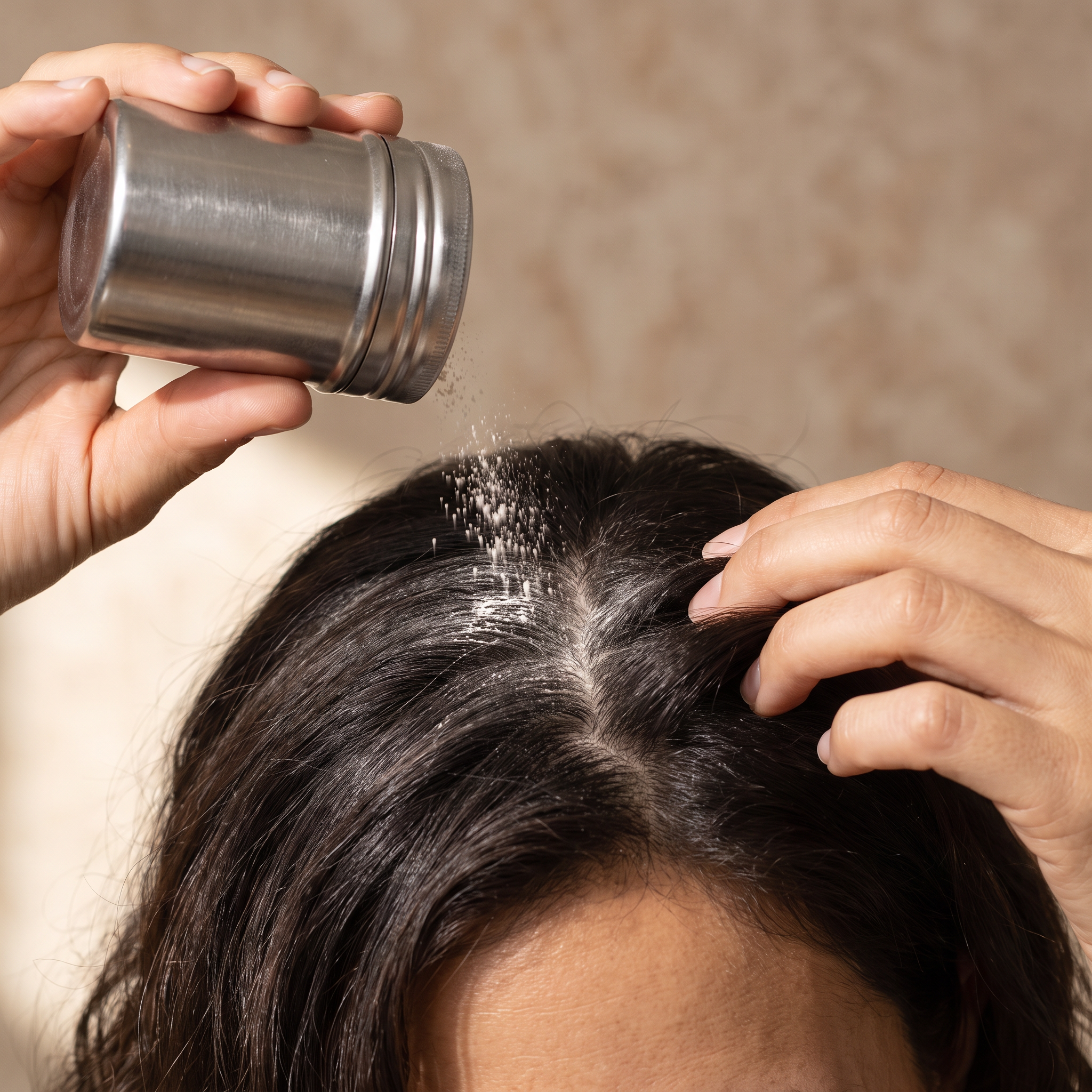 Close-up of hands applying root-lift texture powder to the parting of dry hair, a fine dusting of powder falling onto the root