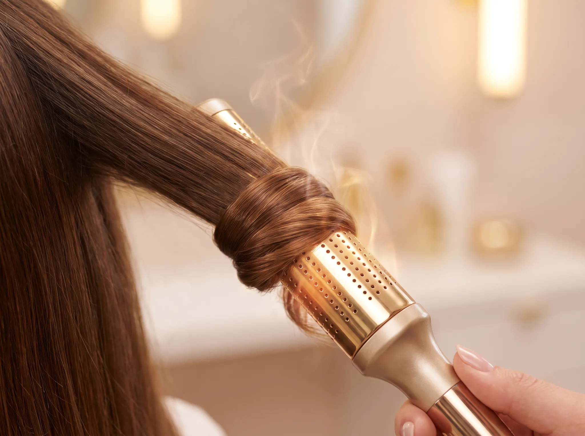 Close-up demonstration of damp chestnut brown hair wrapped around a vented gold-ceramic hot air brush barrel