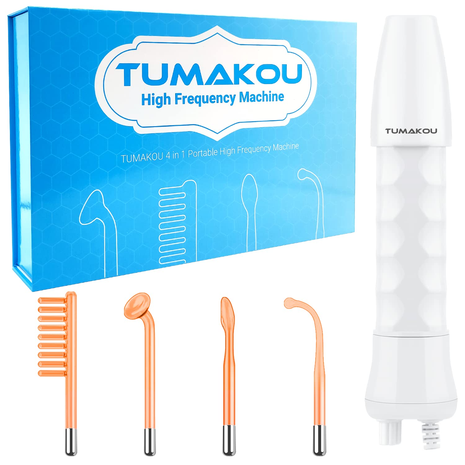 TUMAKOU portable handheld high frequency facial machine with four glass tubes on a plain white background