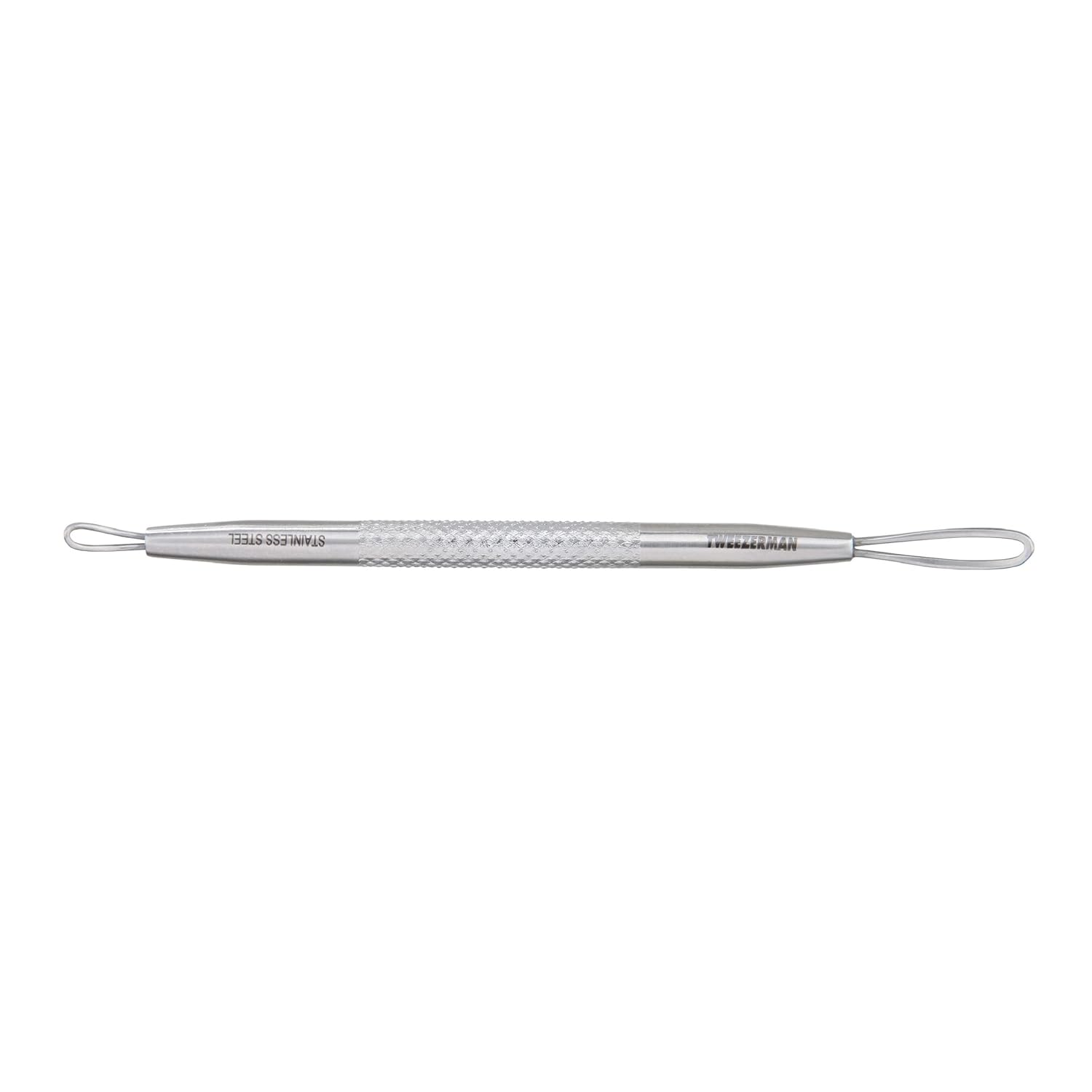 Tweezerman stainless steel double-ended blackhead and whitehead remover on a plain white background