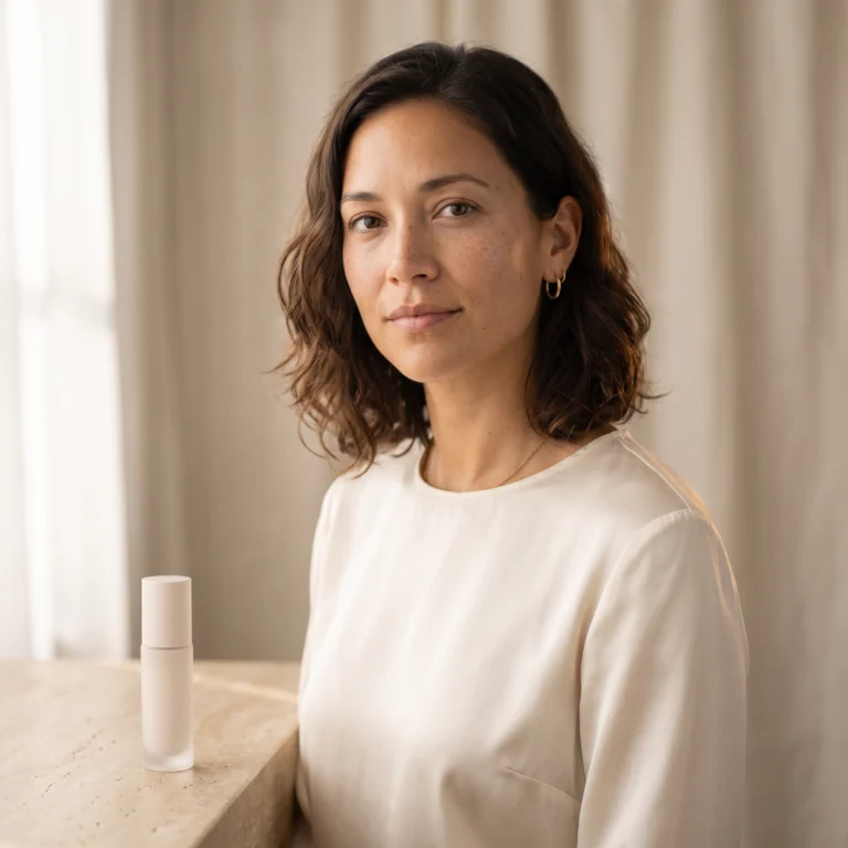 Woman holding a clear pump bottle of water-based face primer beside her cheek in soft natural light