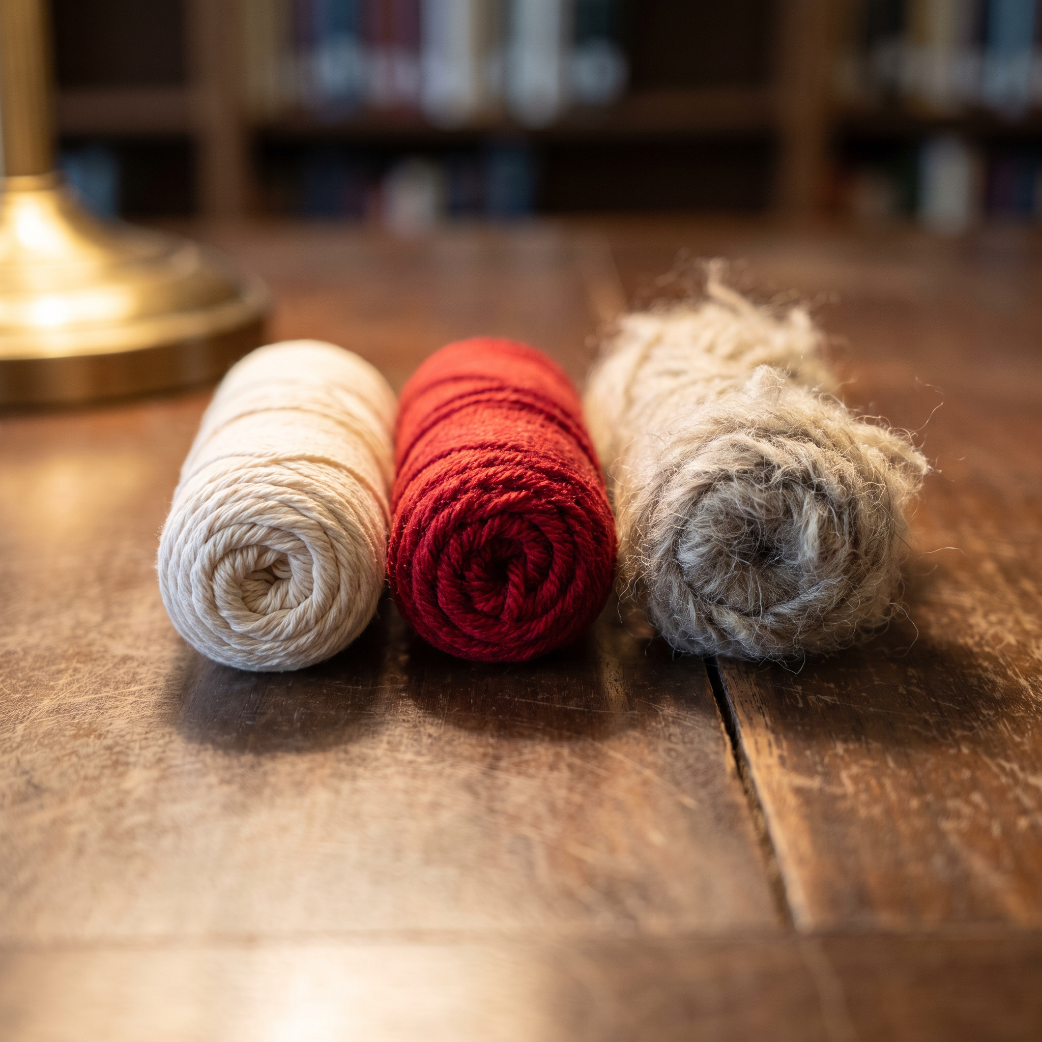 Three yarn samples on a walnut table: smooth cotton, twisted acrylic, and fuzzy wool, cut ends facing the lens