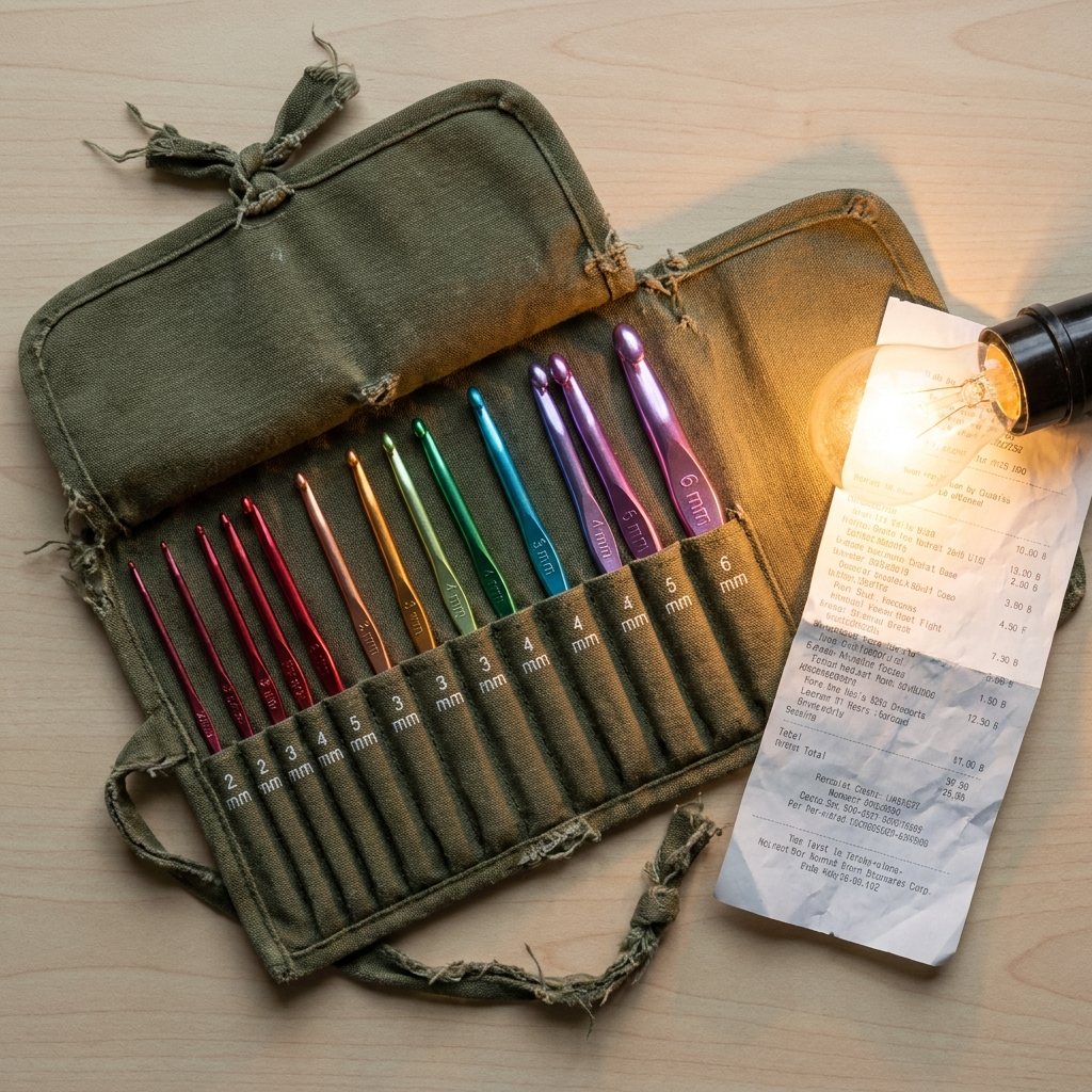 Open crochet hook set in a worn fabric case with mixed sizes from two millimeters to six millimeters