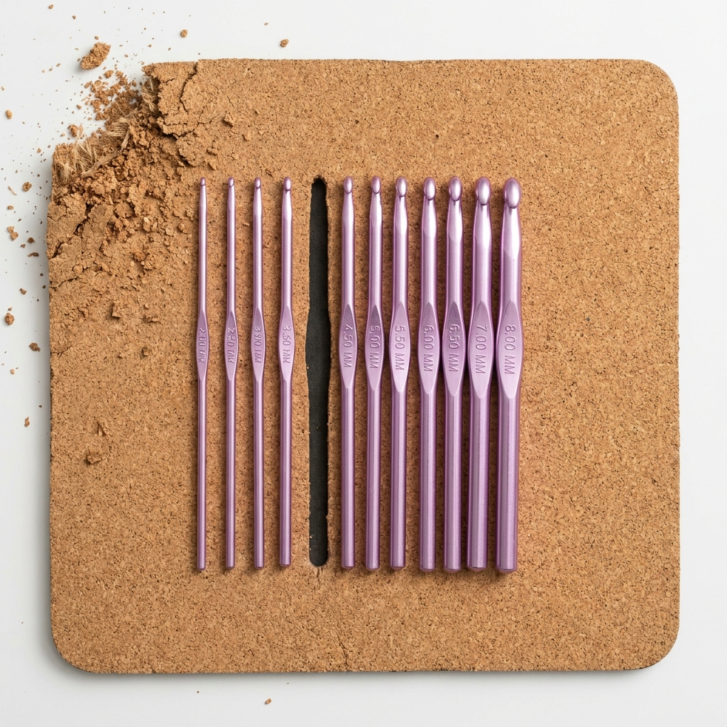 Crochet hooks laid in size order on a cork pad with a gap where one millimeter size is missing