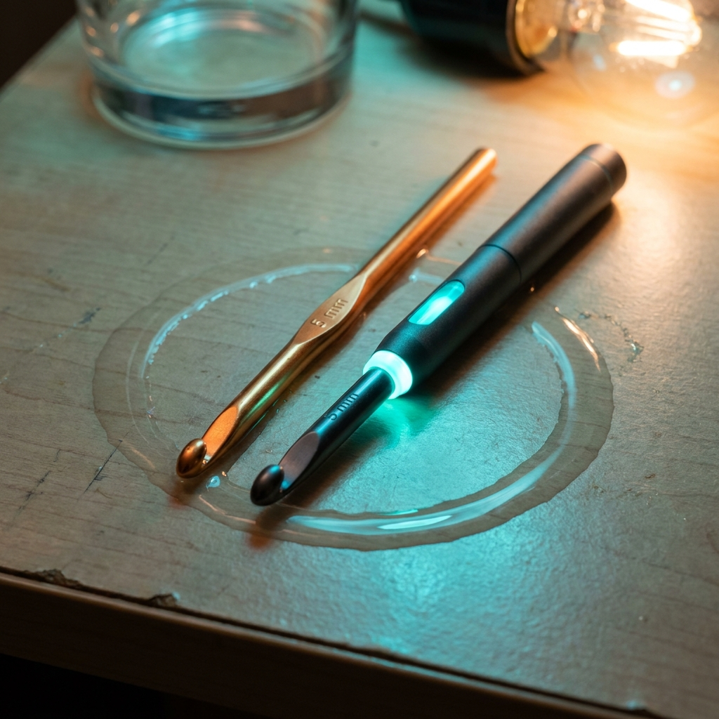 Standard aluminum crochet hook beside a lighted crochet hook with an LED window in the handle
