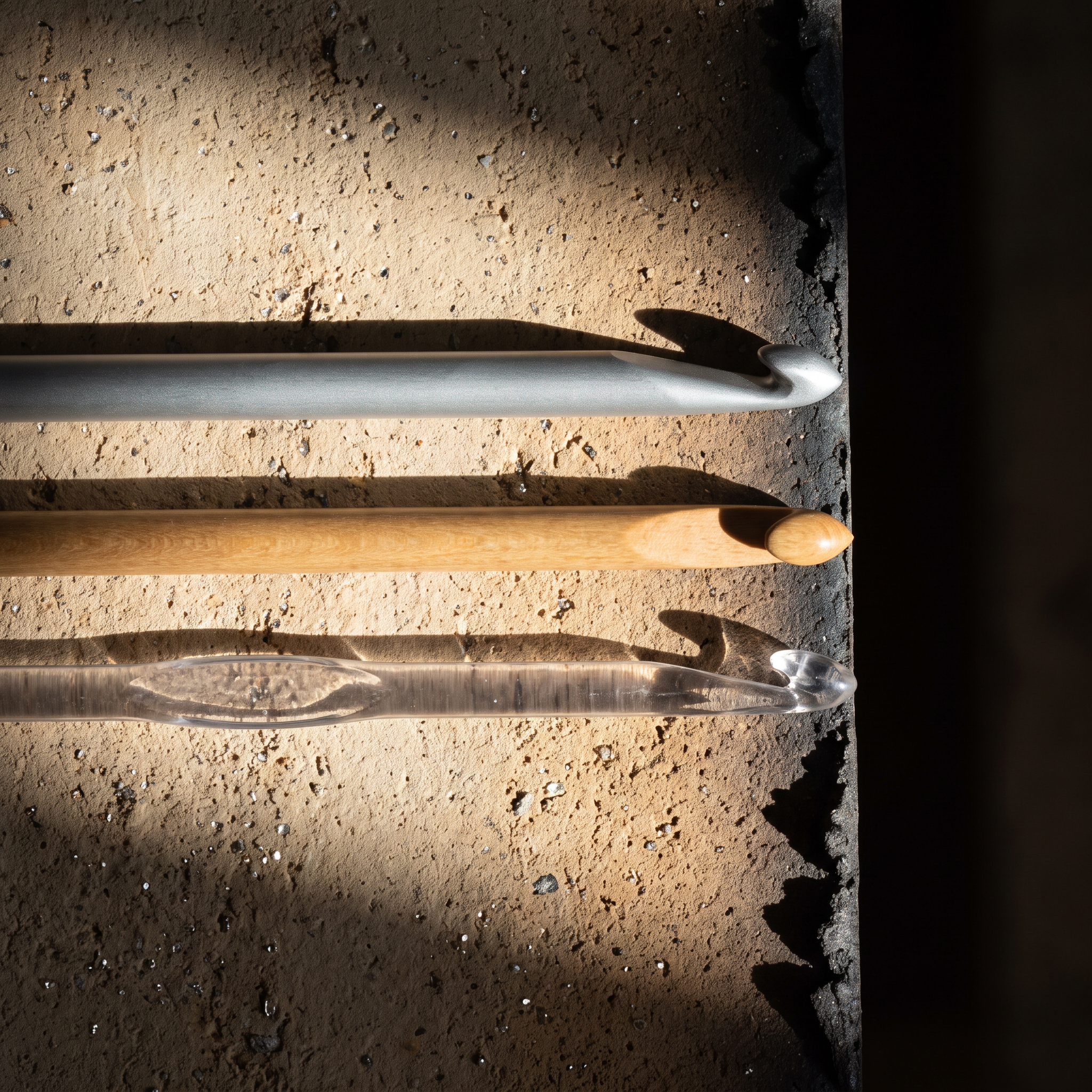 Three single crochet hooks on a kiln shelf: aluminum, birch, and translucent plastic, points aligned