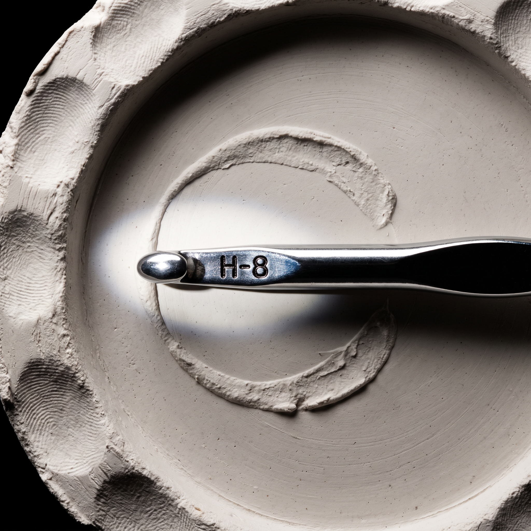 Aluminum crochet hook on wet plaster with the stamped H-8 size mark facing the lens