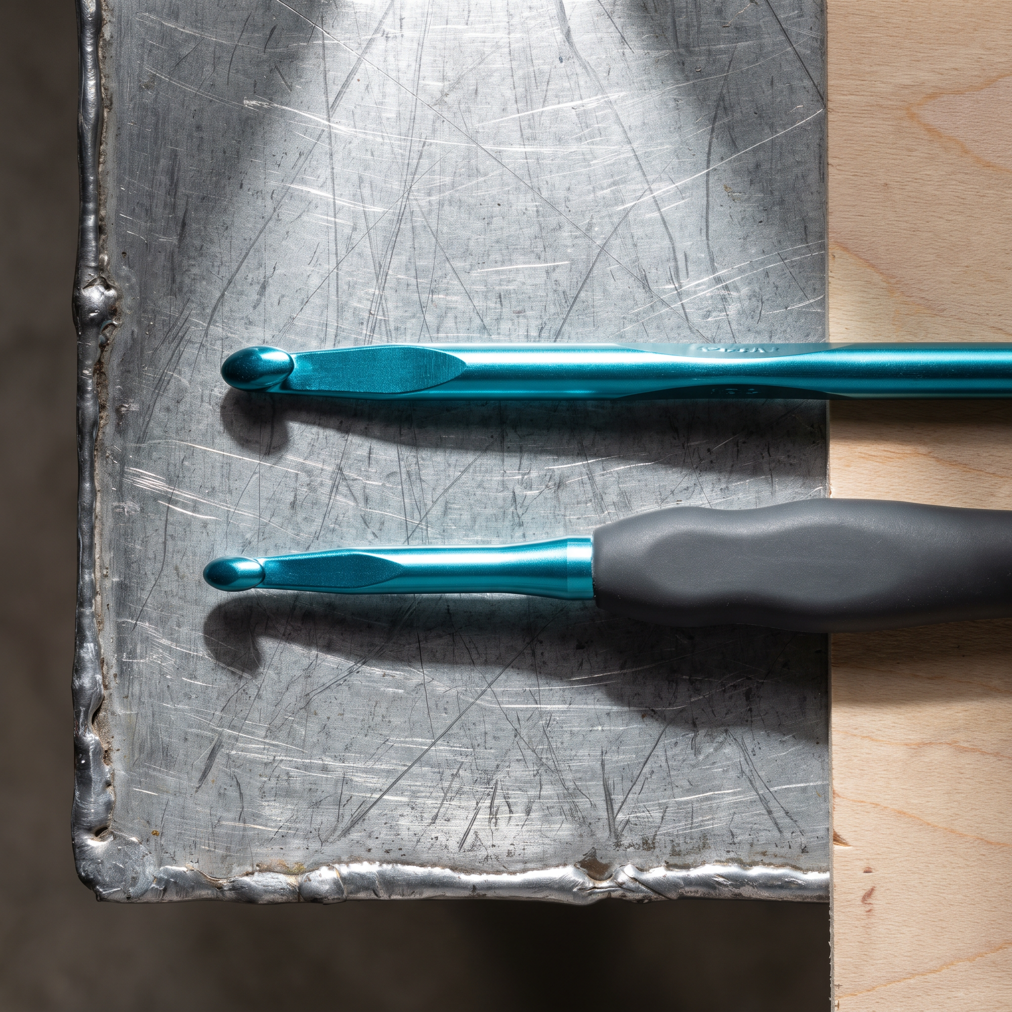 Macro detail comparing an inline crochet hook throat with a tapered hook throat and molded ergonomic grip