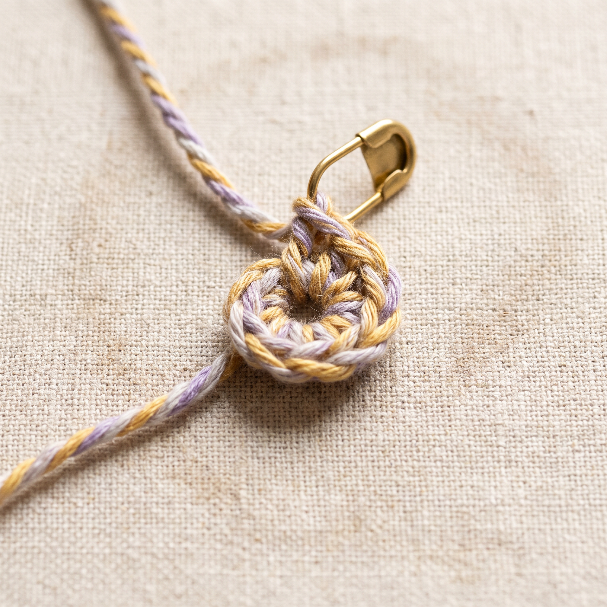 Extreme close-up of a cleanly formed crochet magic ring with six single crochet stitches and a brass locking stitch marker