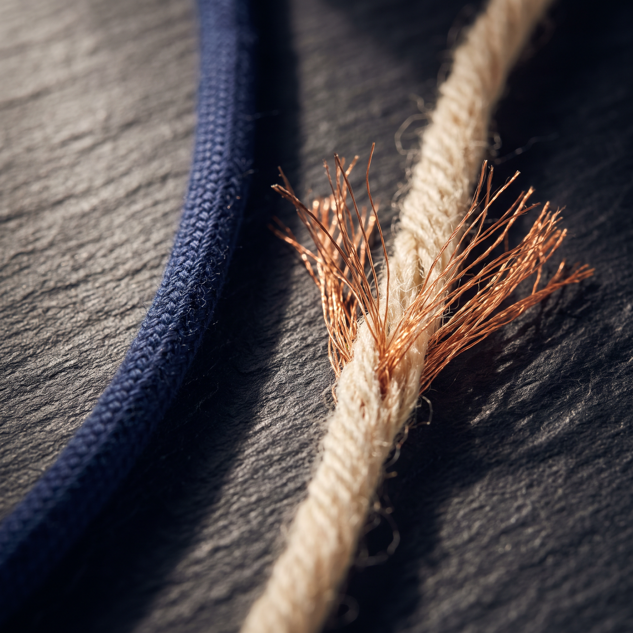 Macro comparison of smooth tubular cotton yarn on the left versus splitting 4-ply acrylic yarn on the right