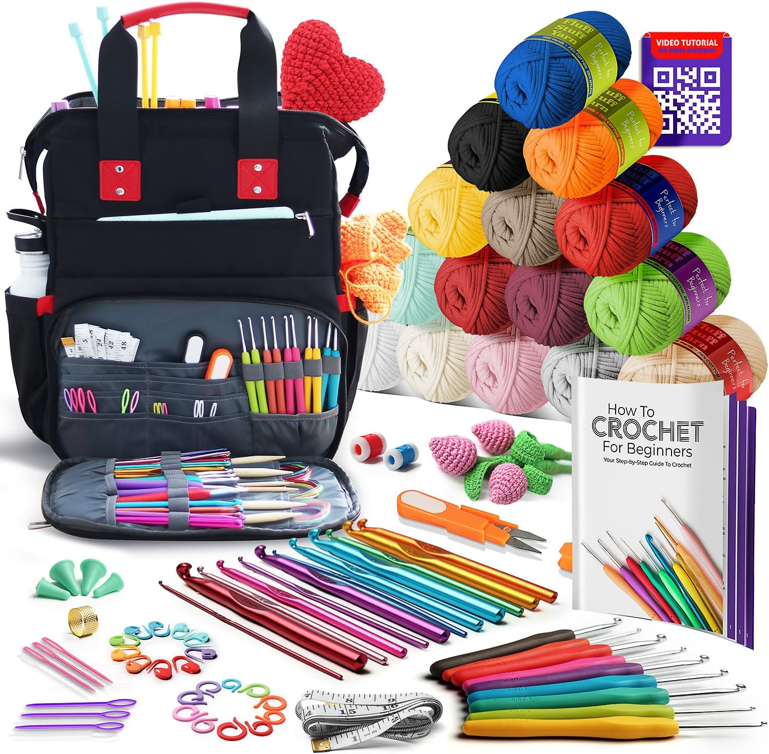 Hearth and Harbor complete 73-piece crochet kit carrying case with yarn skeins and 9 ergonomic hooks