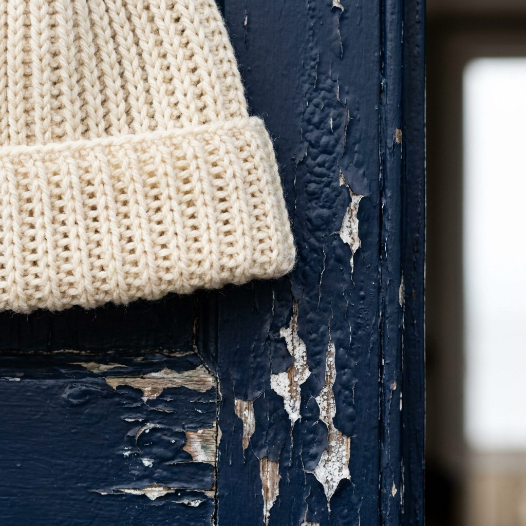 Hat brim in front-loop ribbing laid flat so the stretch shows as open ribs