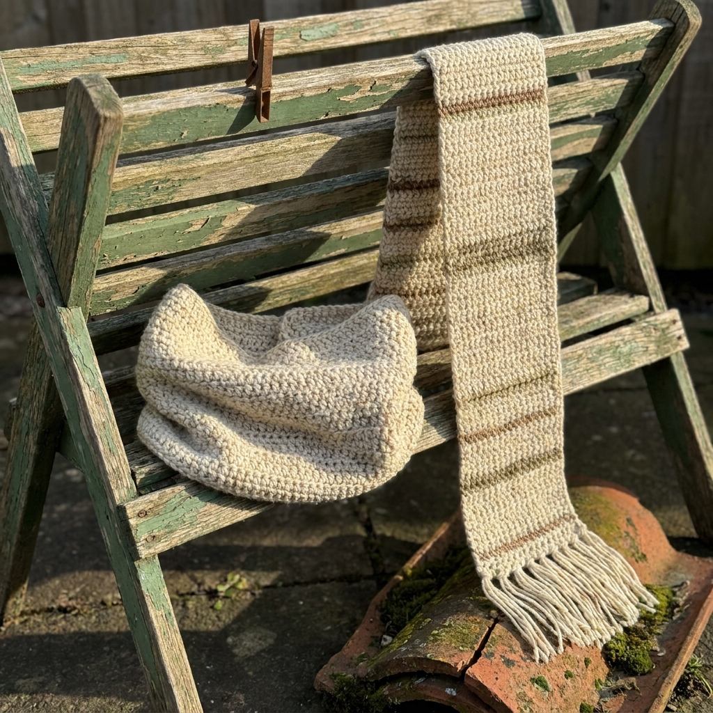 Short ends of a crochet infinity scarf aligned for a join with a blunt needle in the first stitch