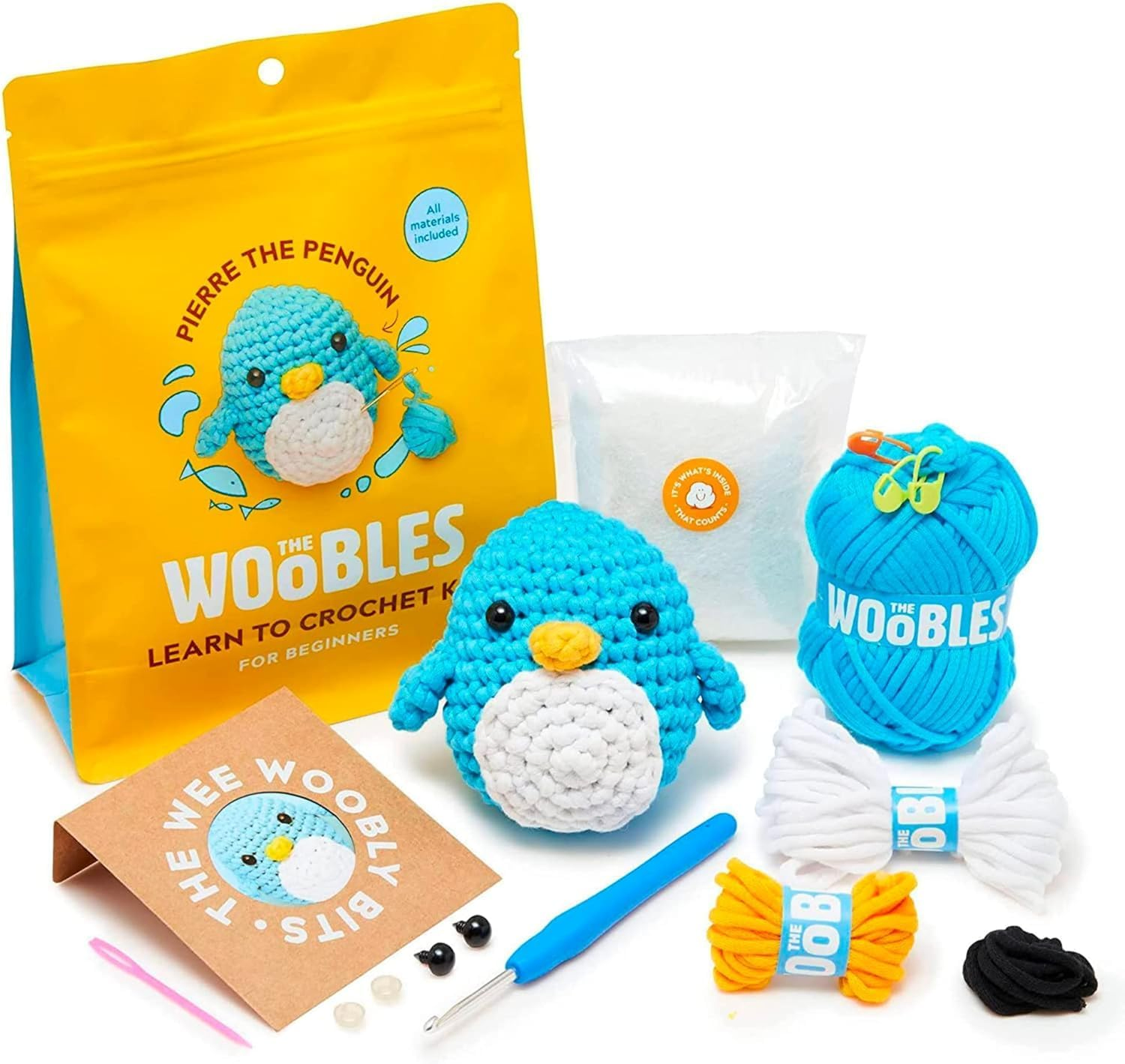 The Woobles Pierre the Penguin beginner crochet kit box with custom easy peasy yarn and pre-started piece